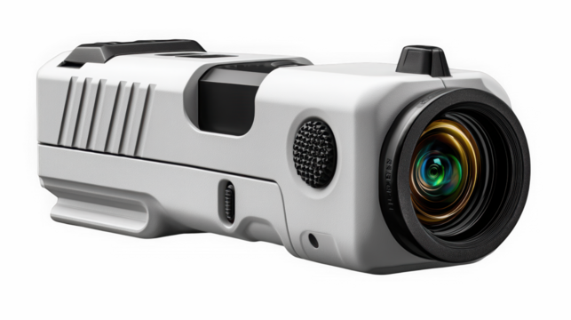 White handheld camera device with lens on black