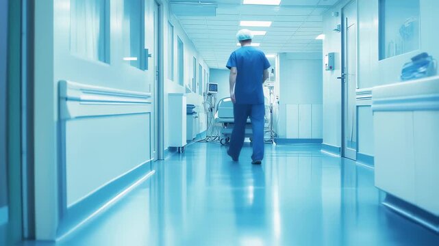 Surgical professional moving through clean hospital hallway, wheeling empty bed from behind, wearing blue medical attire