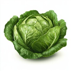 Fototapeta premium A fresh head of green cabbage with tightly packed leaves, isolated on white background color, photorealistic accuracy, good composition, high resolution