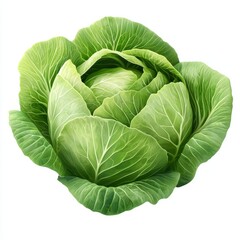Obraz premium A fresh head of green cabbage with tightly packed leaves, isolated on white background color, photorealistic accuracy, good composition, high resolution