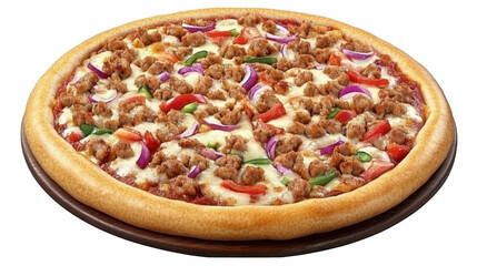 Delicious Pepperoni and Vegetable Pizza Served on a Wooden Platter with a Transparent Background