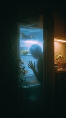 Eerie Fridge Encounter: Silhouette of a Person Reaching Inside in Dark Kitchen