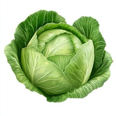 Fototapeta premium A fresh head of green cabbage with tightly packed leaves, isolated on white background color, photorealistic accuracy, good composition, high resolution