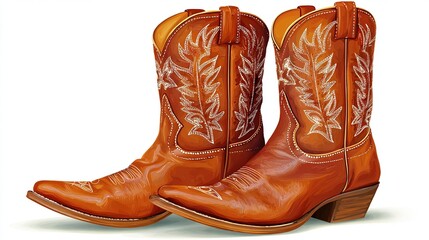 Two brown leather cowboy boots with white stitchwork stand on a white background