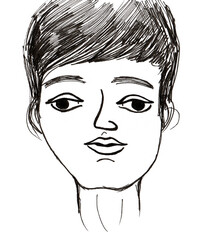 Stylized drawing of boy's portrait. Black outline. Line art. White background. Young boy, child. Eyes looking in different directions. Visual impairment, strabismus. Sketch. Hair drawn with strokes.