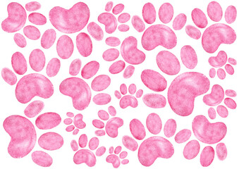 Set of pet paw prints. Different sizes. Chaotically scattered on a white background. Different shades of pink. Have a texture. Painted with watercolors. Children's wallpaper, cover, wrapper, pattern.