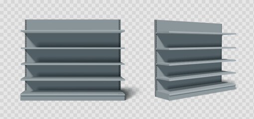 Store shelf supermarket display units with multiple gray metal tiers and adjustable bracket system for retail product presentation. Empty shelving structures from front and side perspective. © klyaksun