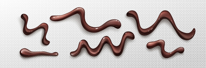 Glossy chocolate sauce drop patterns with flowing curves and wavy shapes on transparent bg for dessert decoration. Dark brown syrup drizzles in liquid lines for sweet toppings or confectionery design