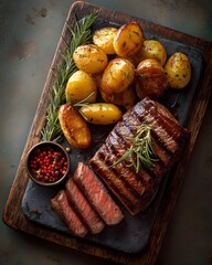 Seared Steak and Roasted Potatoes on a Rustic Wooden Plate