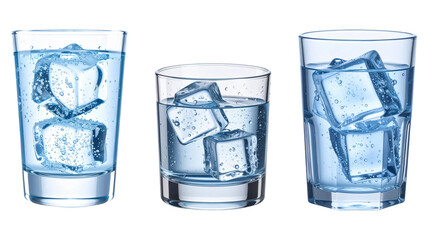 Set of glass of cool water with ice cube, water drops isolated on transparent background.