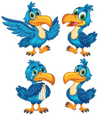 Naklejka premium Cartoon Blue Bird Character with Expressive Poses