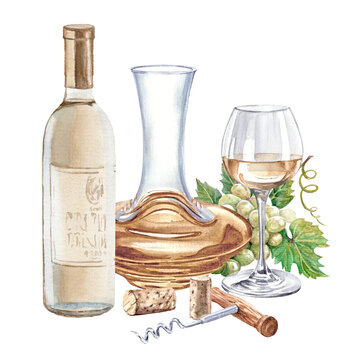 watercolor white wine bottle, glass, decanter clip art preview