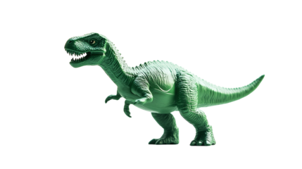 Green plastic toy dinosaur isolated on transparent background 