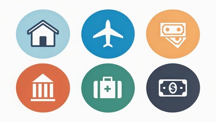 Icons representing various concepts like home, travel, finance, health, and banking arranged in a grid format.