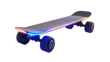 Modern electric skateboard with LED lights isolated on transparent background 
