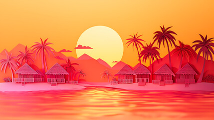 Vibrant tropical sunset panorama with picturesque overwater bungalows and swaying palm trees reflecting on the calm, pink-hued ocean, evoking a serene island getaway concept