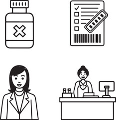 Pharmacy and Healthcare Icons Set – Medicine Bottle, Prescription, Pharmacist, and Pharmacy Counter