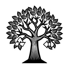 Abstract floral tree design with black and white decorative flowers, leaves, and branches forming a nature-inspired illustration