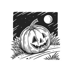 Creepy Halloween pumpkin lanterns shining in the dark with scary faces, bats flying under the moonlight, and a haunted atmosphere for spooky decorations and seasonal designs.