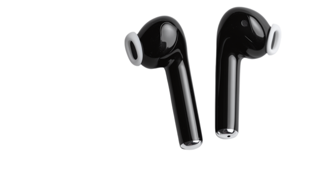 Pair of black wireless earbuds isolated on transparent background 