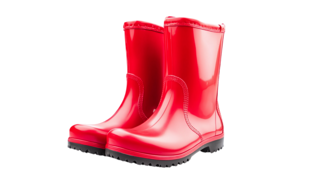Pair of red rubber rain boots isolated on transparent background 