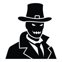 Black silhouette of a spooky man in a top hat and suit halloween