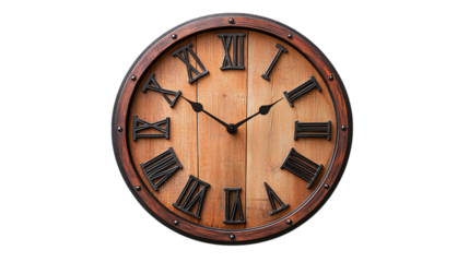 Retro wall clock with Roman numerals isolated on transparent background 