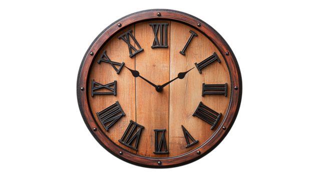 Retro wall clock with Roman numerals isolated on transparent background 