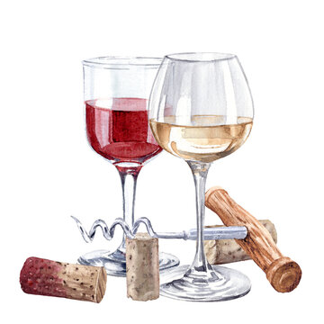 wine glasses, corks, corkscrew watercolor clip art preview