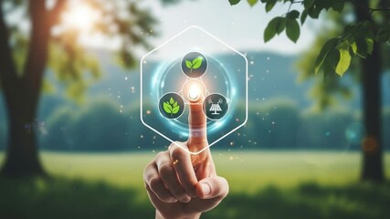 Finger touching holographic interface with leaf and solar panel icons in nature background - Powered by Adobe