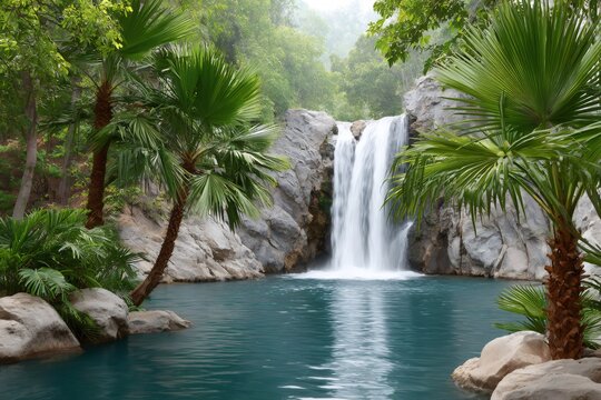 Tropical waterfall cascading into a tranquil pond surrounded by lush vegetation