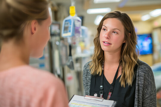 A healthcare social worker discussing treatment plans with a patient in a hospital setting. Medical charts and equipment surround them. The mood feels