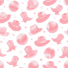 Pink cowboy boots disco balls and hats seamless pattern for party design