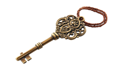 Vintage brass key isolated on transparent background 