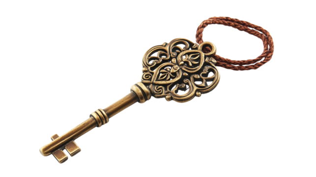 Vintage brass key isolated on transparent background 