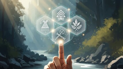 Finger touching icons in forest scene with light rays and river landscape digital illustration - Powered by Adobe