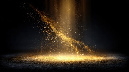 Dynamic golden sparkling particles falling with motion blur on dark background creating a magical effect