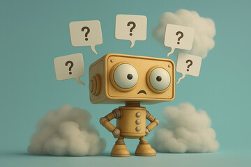 A cute, confused yellow cartoon robot standing with hands on hips, surrounded by speech bubbles with question marks. Concept of AI questioning, problem-solving, FAQ, and technical uncertainty.