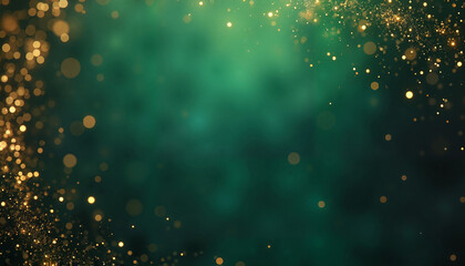Abstract green velvet background with golden bokeh lights