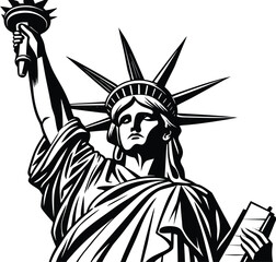 Black and white vintage vector illustration of the Statue of Liberty drawing with a woman's face