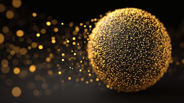 Stunning close-up of a glowing golden spherical particle cluster with shimme dust particles against a dark background