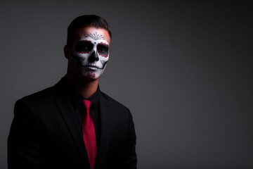 Fototapeta premium Man with intricate sugar skull face paint, dressed in a black suit and red tie, embodies the spirit of Dia de los Muertos with a striking and vibrant appearance