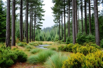 Fototapeta premium Small stream flowing through lush green forest landscape