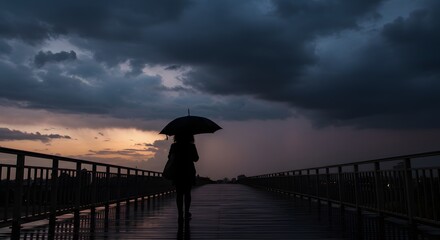Fototapeta premium Silhouette with Umbrella Walking in Rain