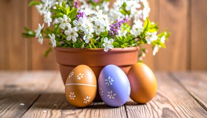 Pastel Easter eggs and blooming branches in terracotta pot on rustic wood