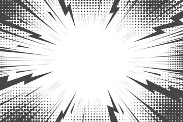 Thunder bolt background with comic speed lines effect end halftone texture. Flash and lightnings electric explosion. Anime vector illustration with radial rays. Dynamic retro frame © Chorna_L