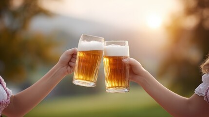 Two individuals raising glasses of golden beer in celebration, surrounded by a lush green landscape, capturing the festive spirit of Oktoberfest and camaraderie