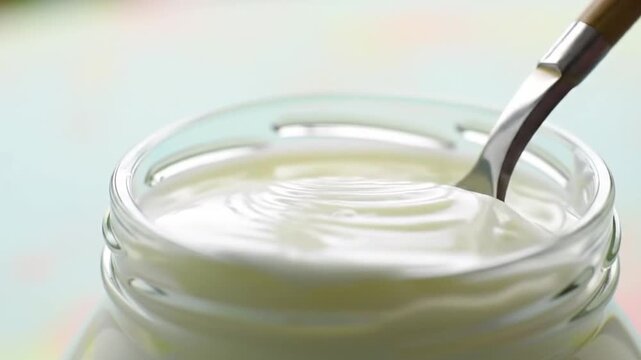 Spoon in glass jar with creamy yogurt. Suitable for food blogs, dairy product advertisements, or healthy eating concept designs.