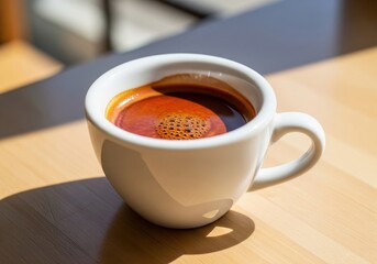 Aromatic shot of strong, dark espresso with a thick, golden-brown crema in a classic white ceramic cup