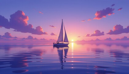 Fototapeta premium Sailboat at Sunset Serene Ocean Scene with Vivid Sky